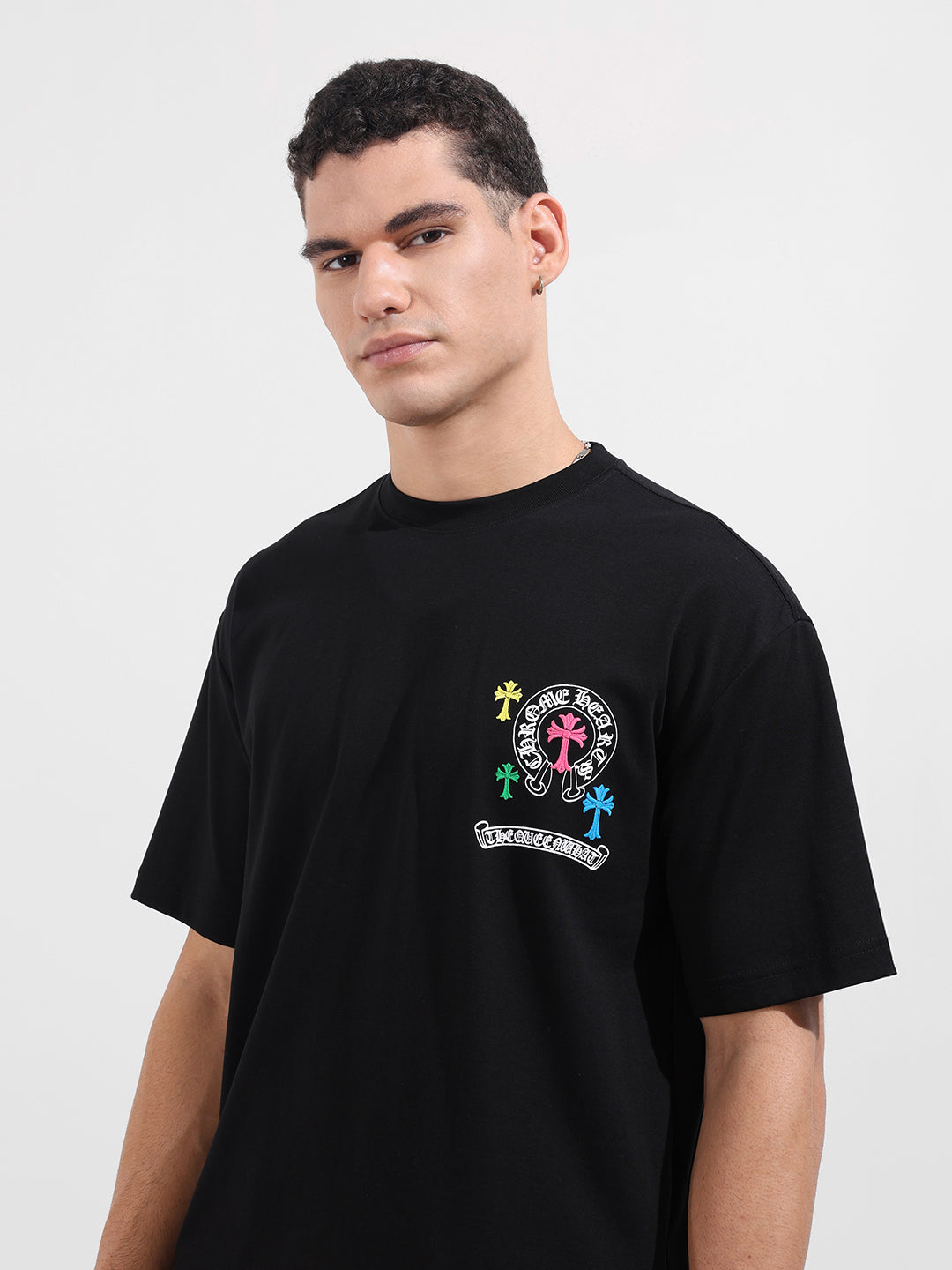 Men's Black Relaxed Fit Embroided 240 GSM Casual T-Shirt