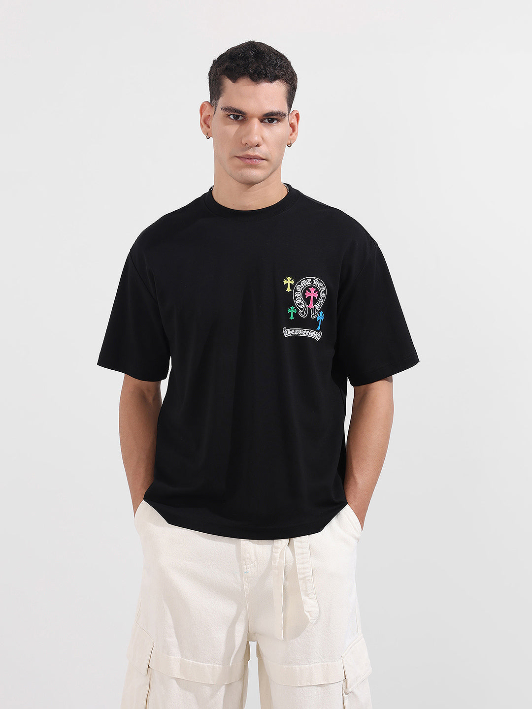 Men's Black Relaxed Fit Embroided 240 GSM Casual T-Shirt