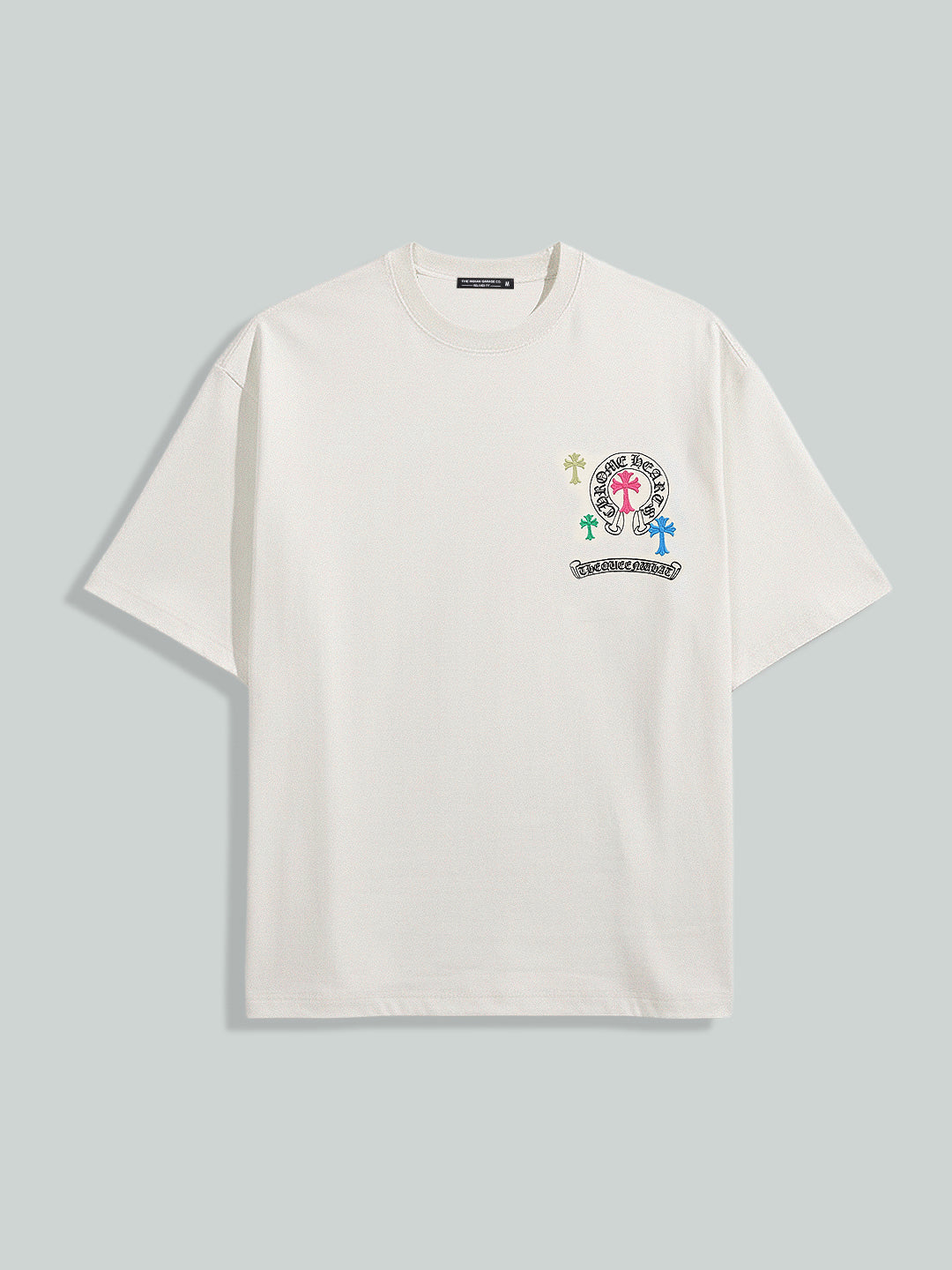 Men's Cream Relaxed Fit Embroided 240 GSM Casual T-Shirt