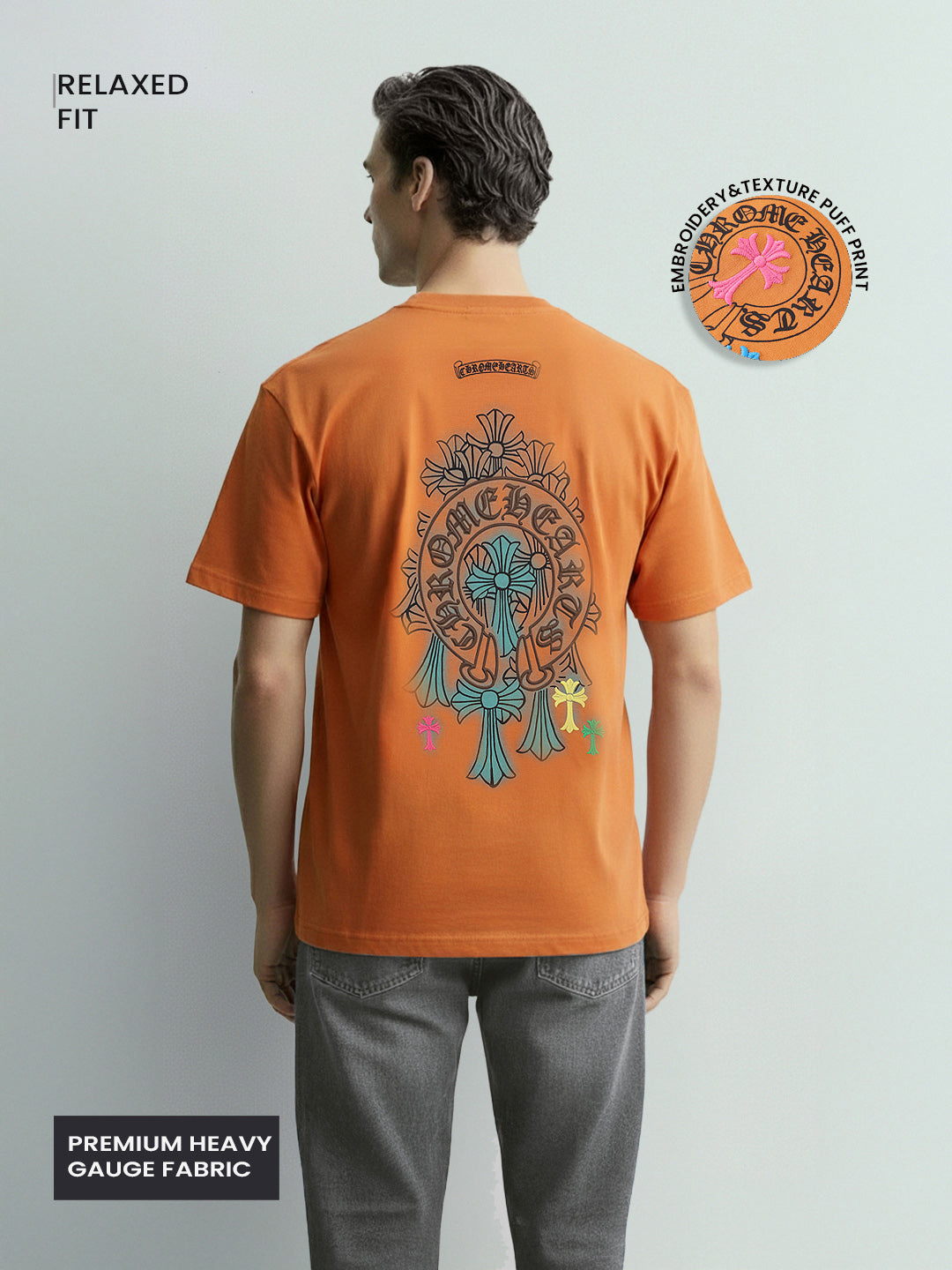 Men's Orange Relaxed Fit Embroided 240 GSM Casual T-Shirt