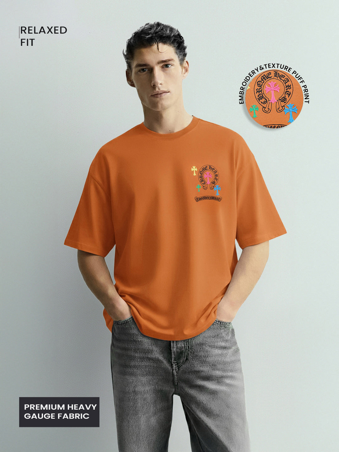 Men's Orange Relaxed Fit Embroided 240 GSM Casual T-Shirt