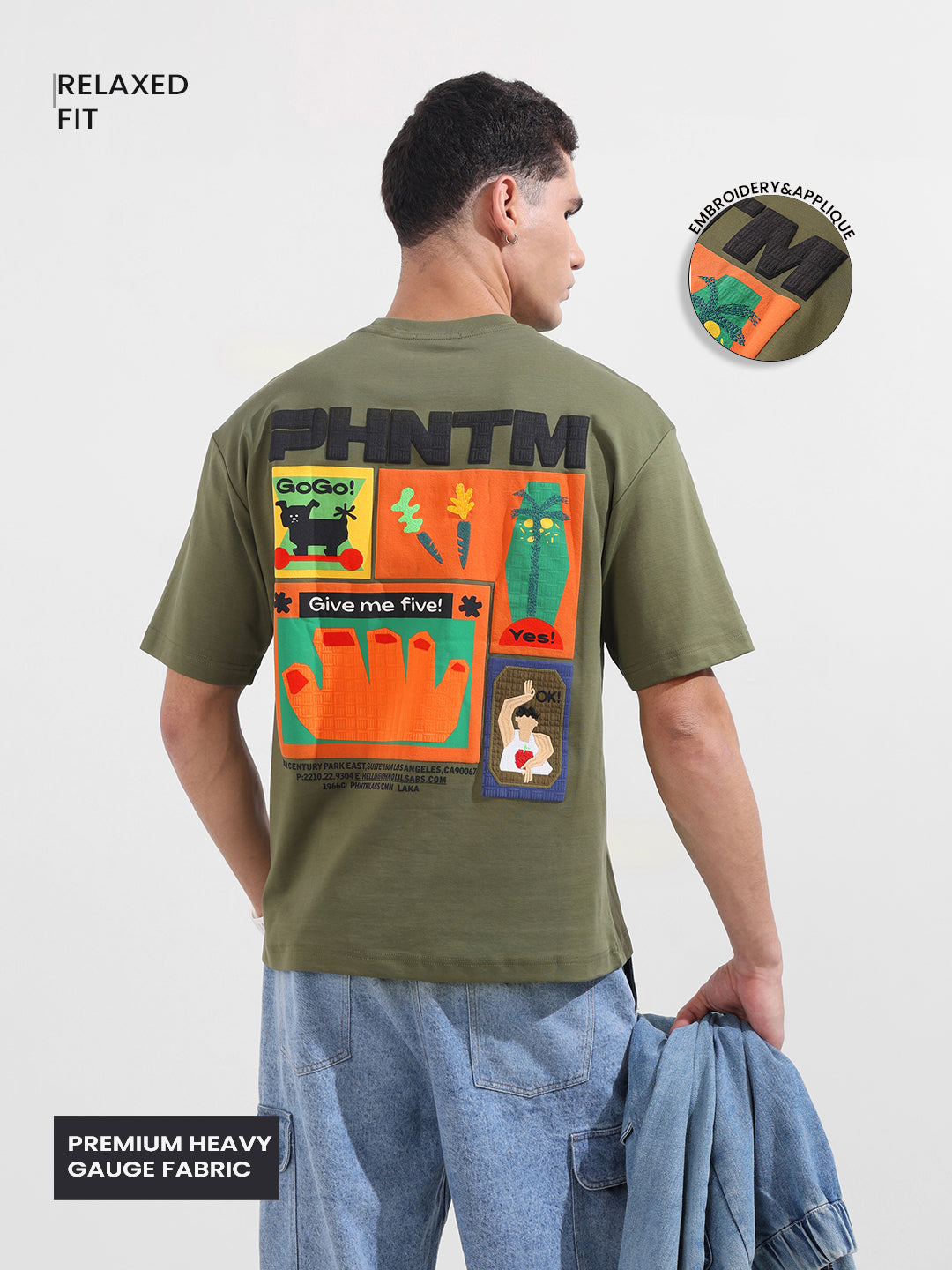 Men's Green Relaxed Fit Embroided 240 GSM Casual T-Shirt