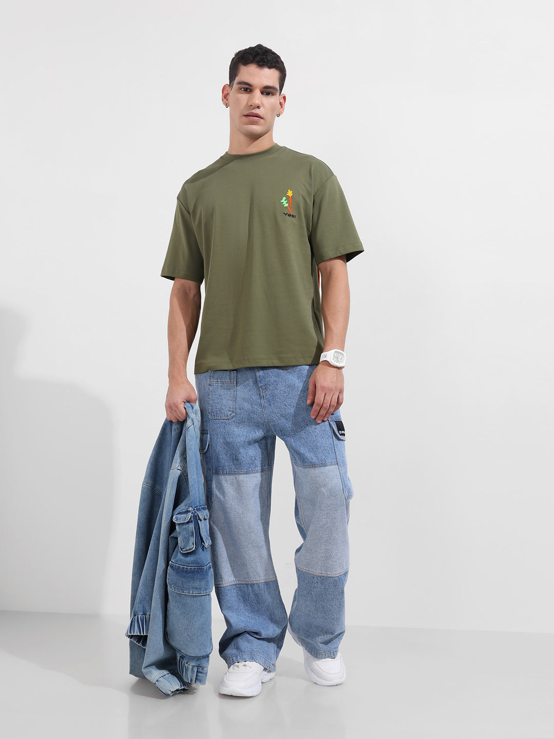 Men's Green Relaxed Fit Embroided 240 GSM Casual T-Shirt