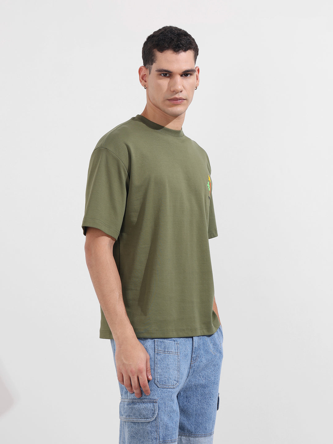 Men's Green Relaxed Fit Embroided 240 GSM Casual T-Shirt