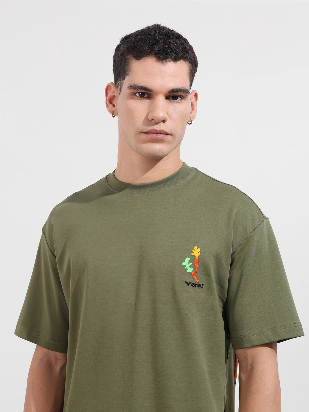 Men's Green Relaxed Fit Embroided 240 GSM Casual T-Shirt