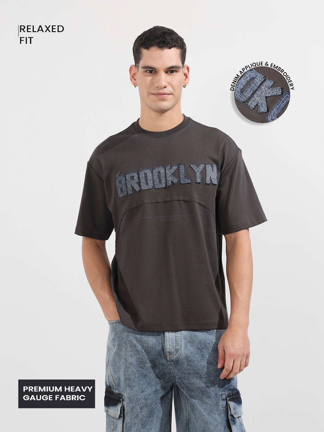 Men's Grey Relaxed Fit Embroided 240 GSM Casual T-Shirt
