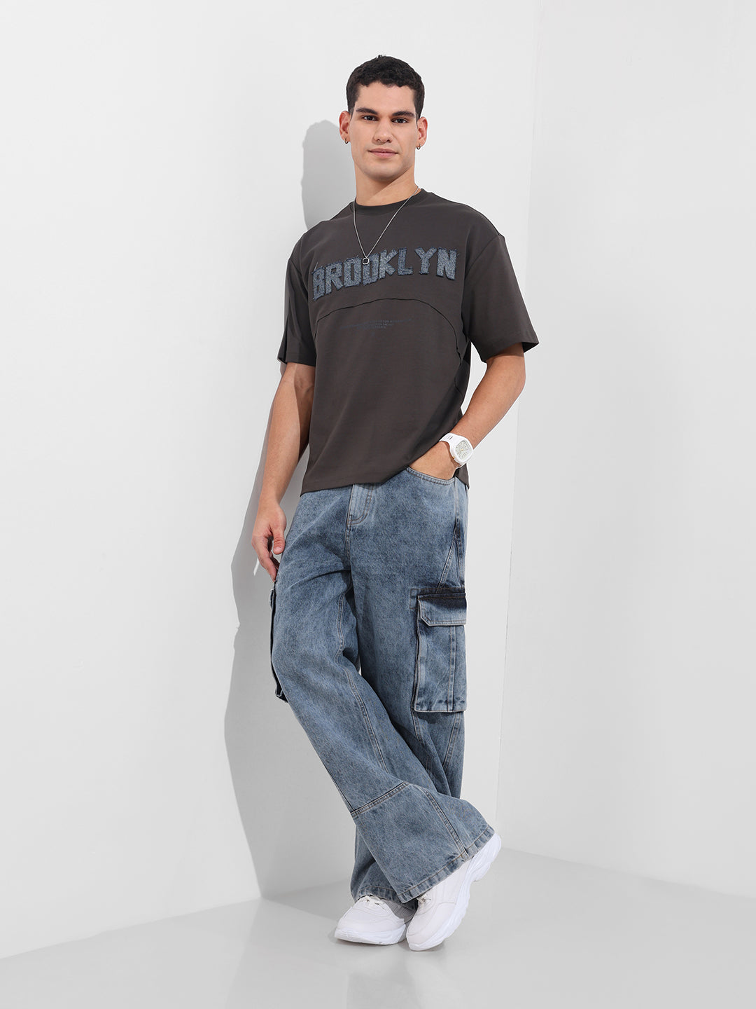 Men's Grey Relaxed Fit Embroided 240 GSM Casual T-Shirt