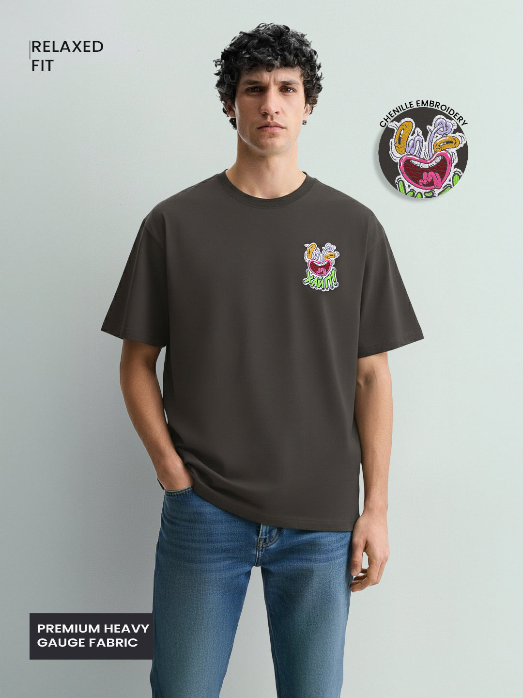 Men's Grey Relaxed Fit Embroided 240 GSM Graphic  T-Shirt