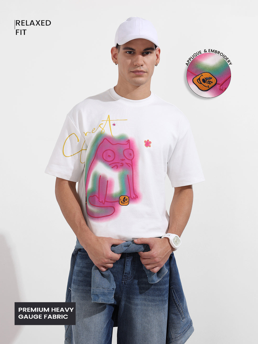 Men's White Relaxed Fit Embroided 240 GSM Casual T-Shirt