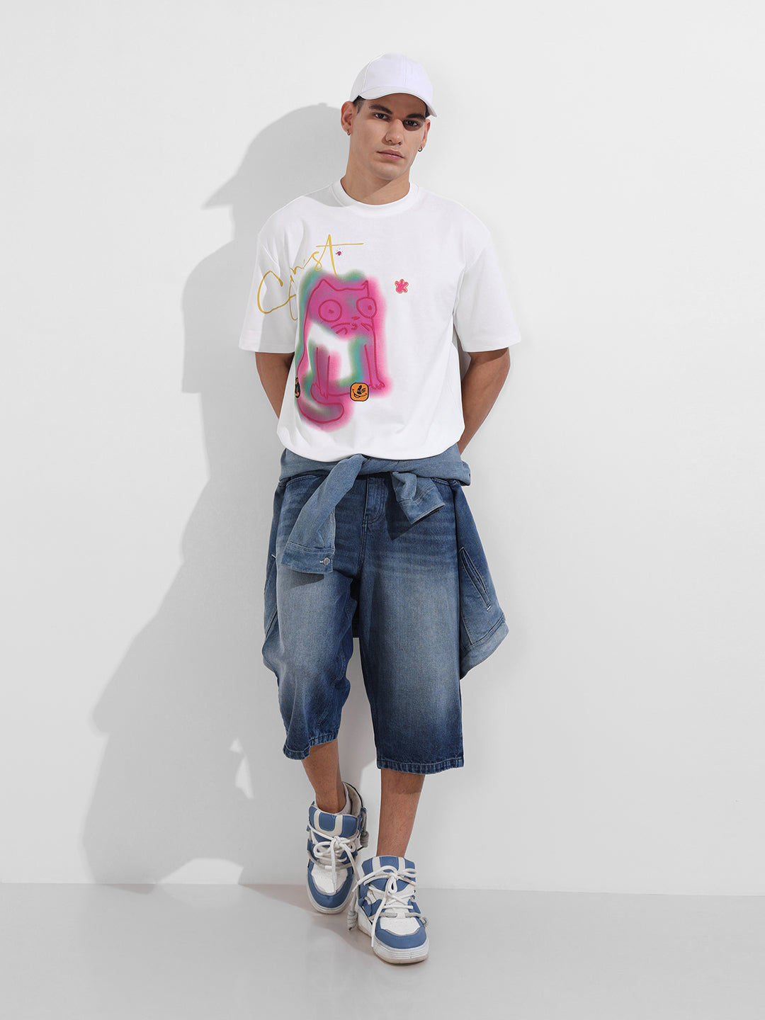 Men's White Relaxed Fit Embroided 240 GSM Casual T-Shirt