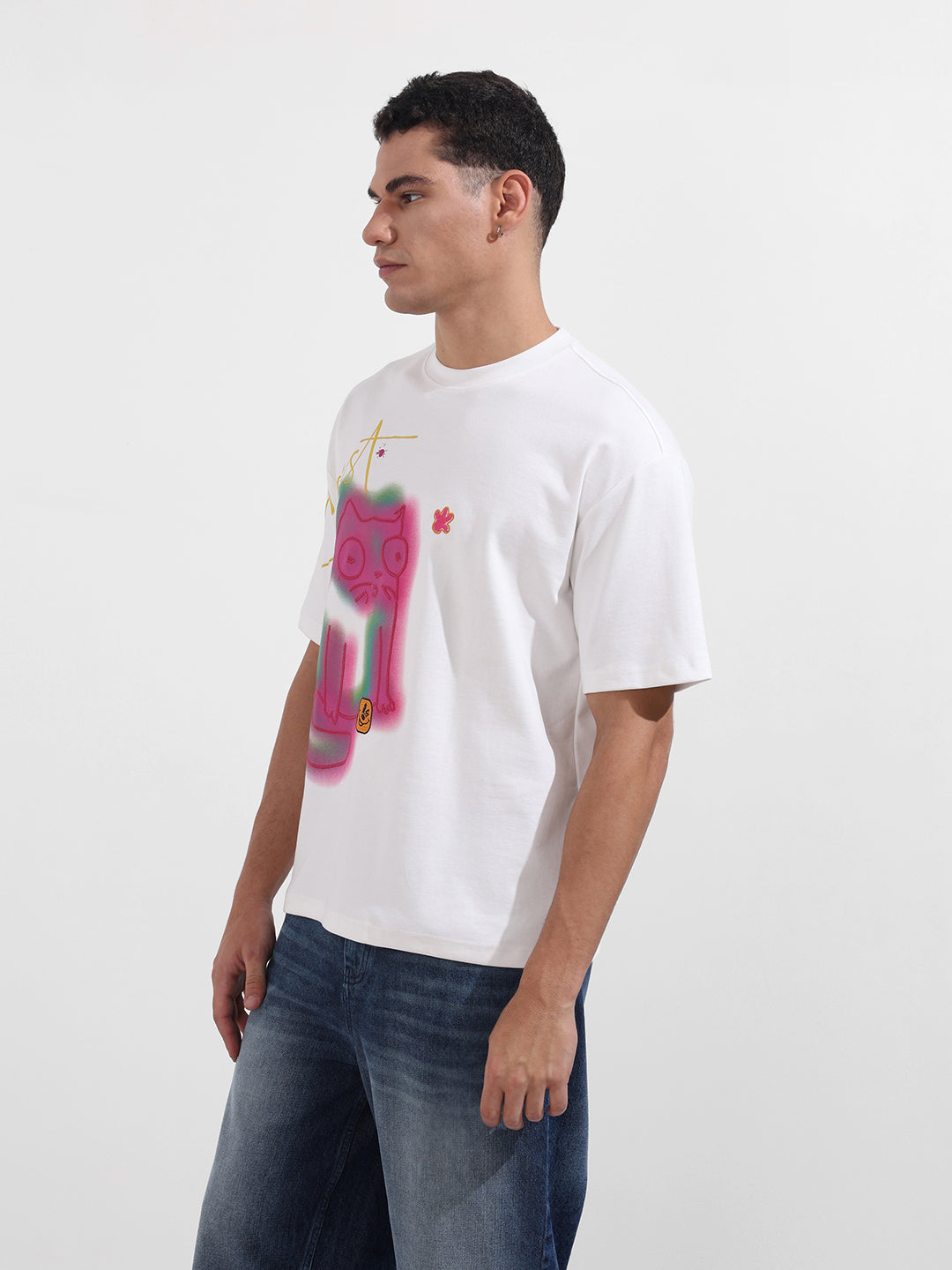 Men's White Relaxed Fit Embroided 240 GSM Casual T-Shirt