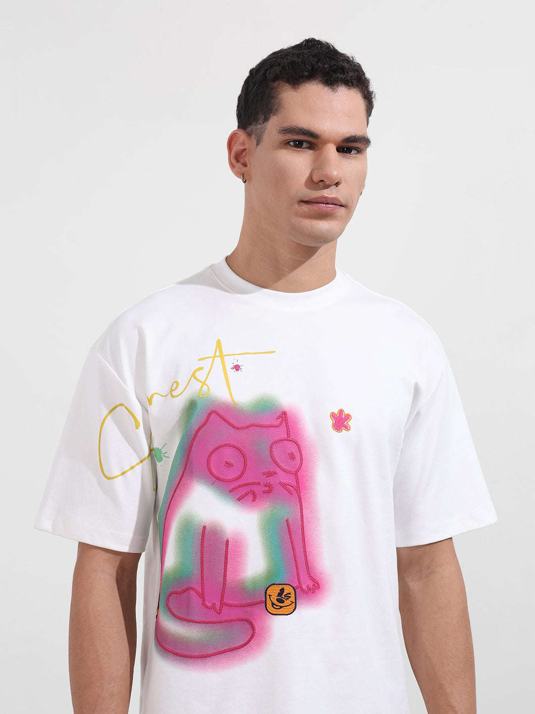 Men's White Relaxed Fit Embroided 240 GSM Casual T-Shirt