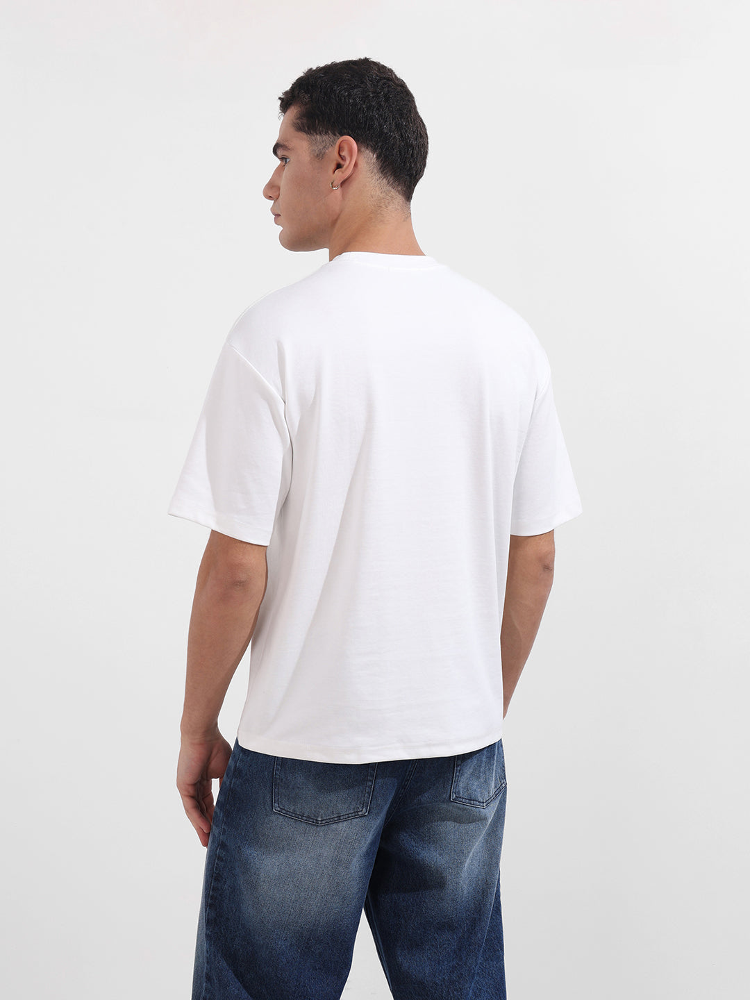 Men's White Relaxed Fit Embroided 240 GSM Casual T-Shirt