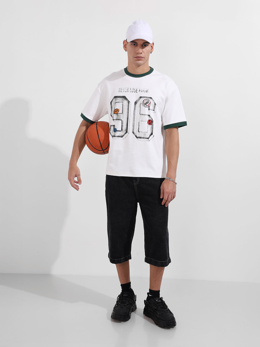 Men's White Relaxed Fit Graphic Printed 240 GSM Sport Wear T-Shirt