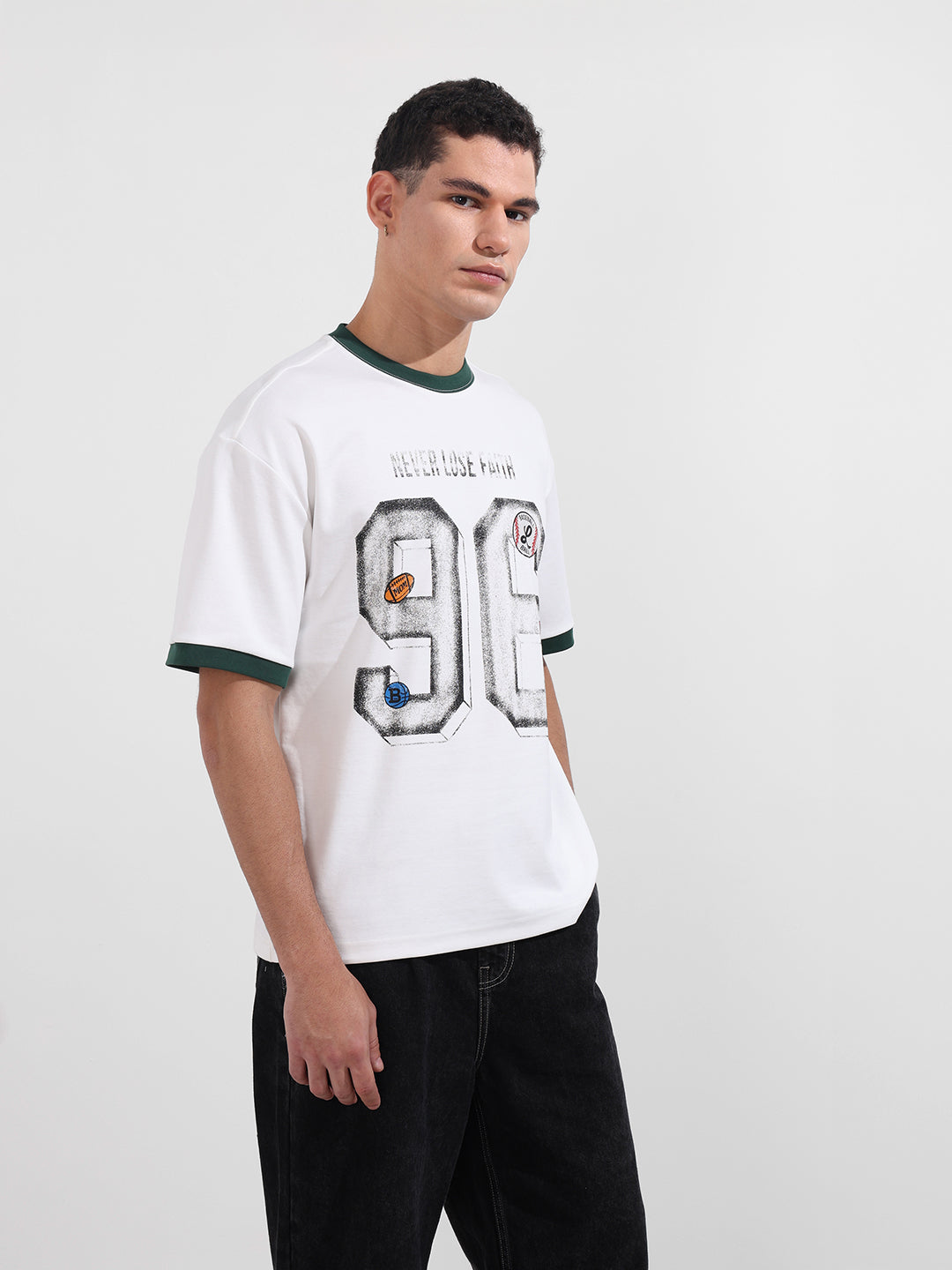 Men's White Relaxed Fit Graphic Printed 240 GSM Sport Wear T-Shirt