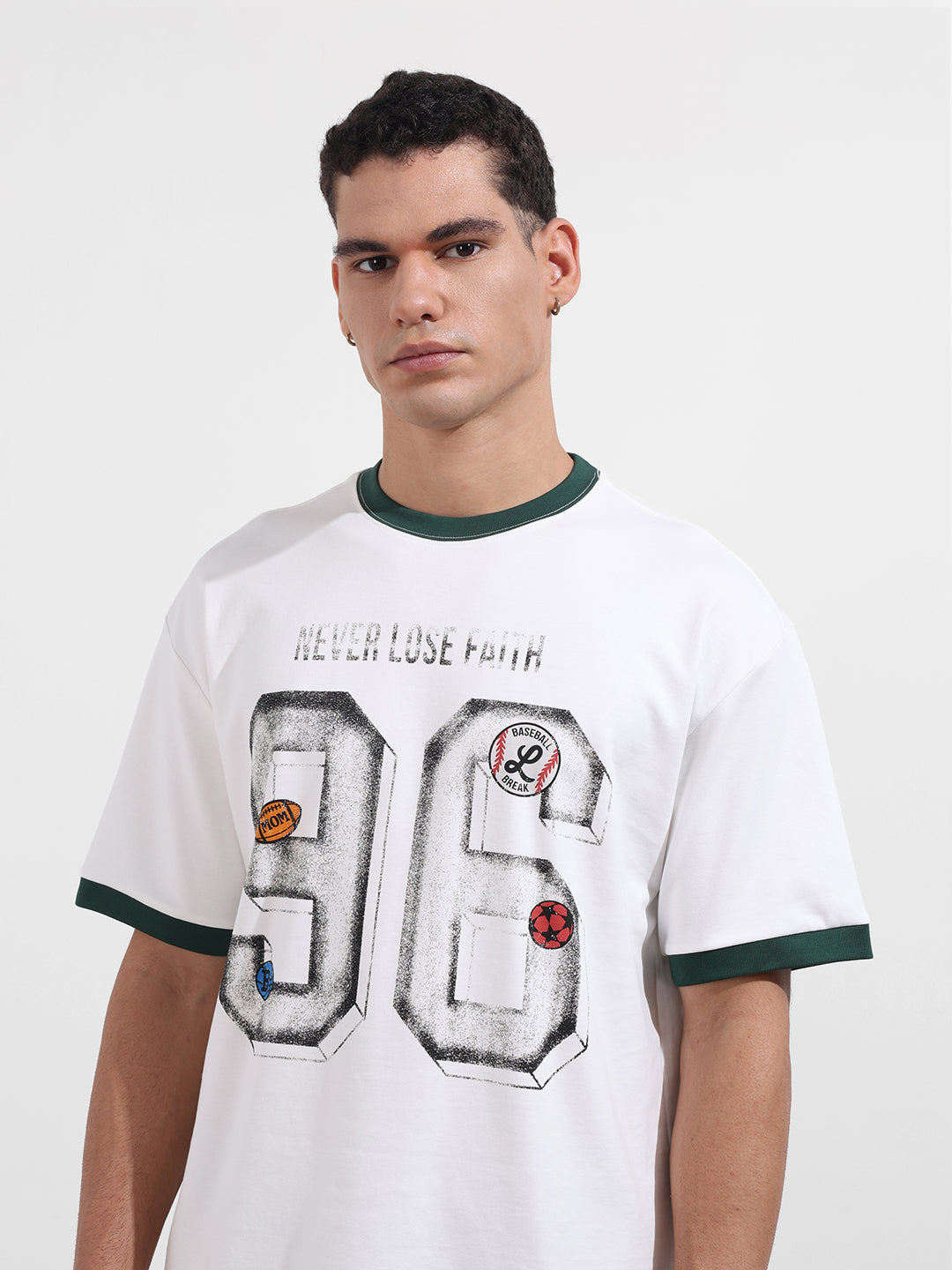 Men's White Relaxed Fit Graphic Printed 240 GSM Sport Wear T-Shirt