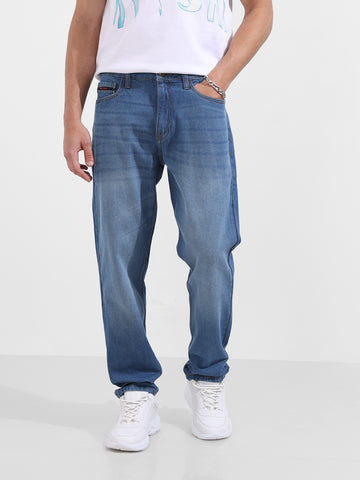 Men's Blue Dad Fit Distressed Mid-Rise Jeans
