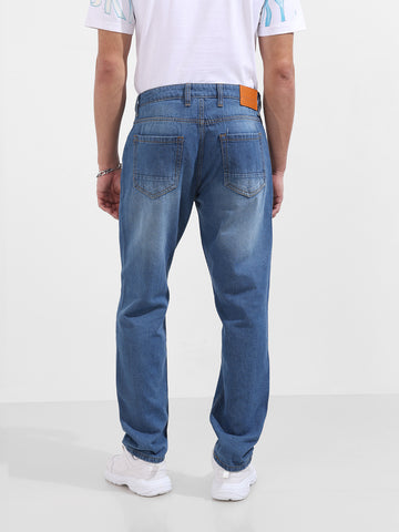 Men's Blue Dad Fit Distressed Mid-Rise Jeans
