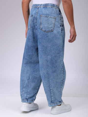 Men's Blue Baggy Solid Mid-Rise Denim Harem Pants