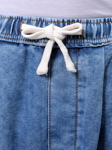 Men's Blue Baggy Solid Mid-Rise Denim Harem Pants