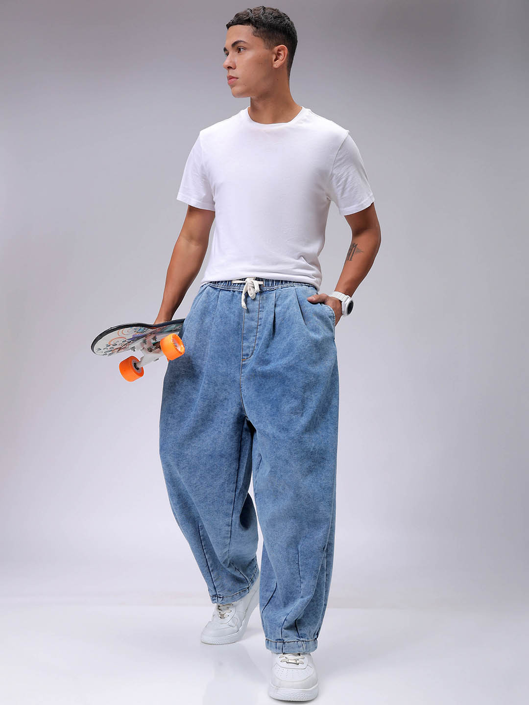 Men's Blue Baggy Solid Mid-Rise Denim Harem Pants