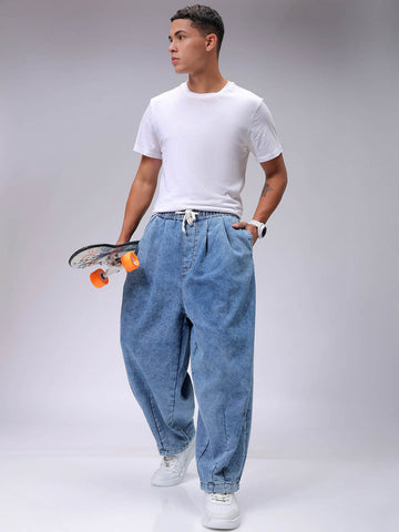 Men's Blue Baggy Solid Mid-Rise Denim Harem Pants