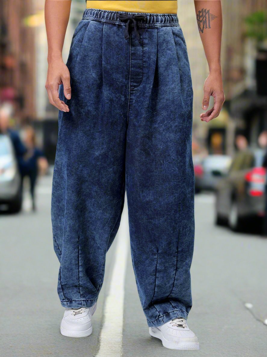 Men's Blue Baggy Solid Mid-Rise Denim Harem Pants