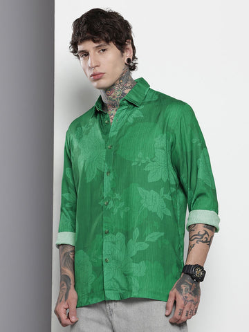 Men's Green Relaxed Fit Floral Printed Resort Wear Shirt