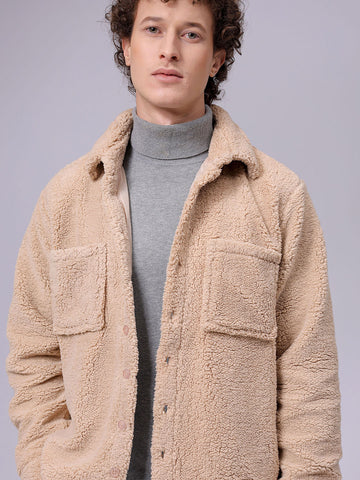 Men's Beige Regular Fit Solid Fleece Winter Shirt