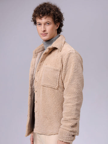Men's Beige Regular Fit Solid Fleece Winter Shirt