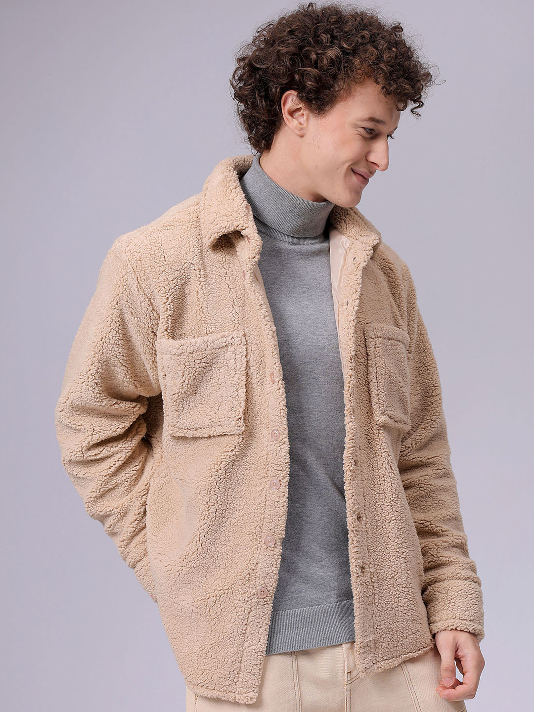 Men's Beige Regular Fit Solid Fleece Winter Shirt