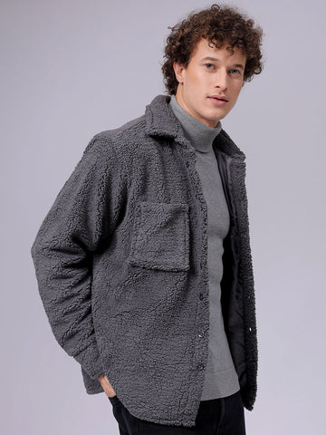 Men's Grey Regular Fit Solid Fleece Winter Shirt