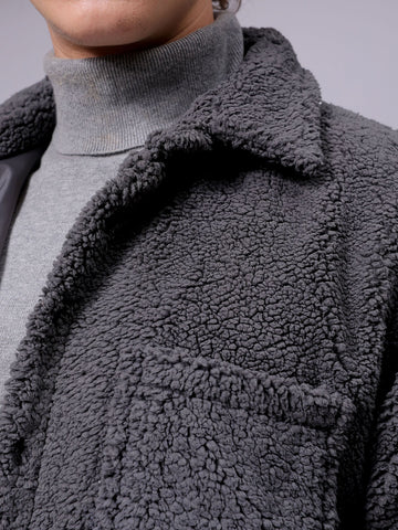 Men's Grey Regular Fit Solid Fleece Winter Shirt