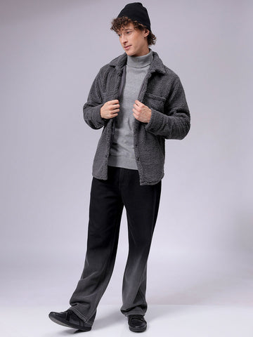 Men's Grey Regular Fit Solid Fleece Winter Shirt