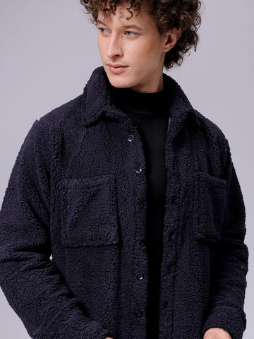 Men's Navy Blue Regular Fit Solid Fleece Winter Shirt