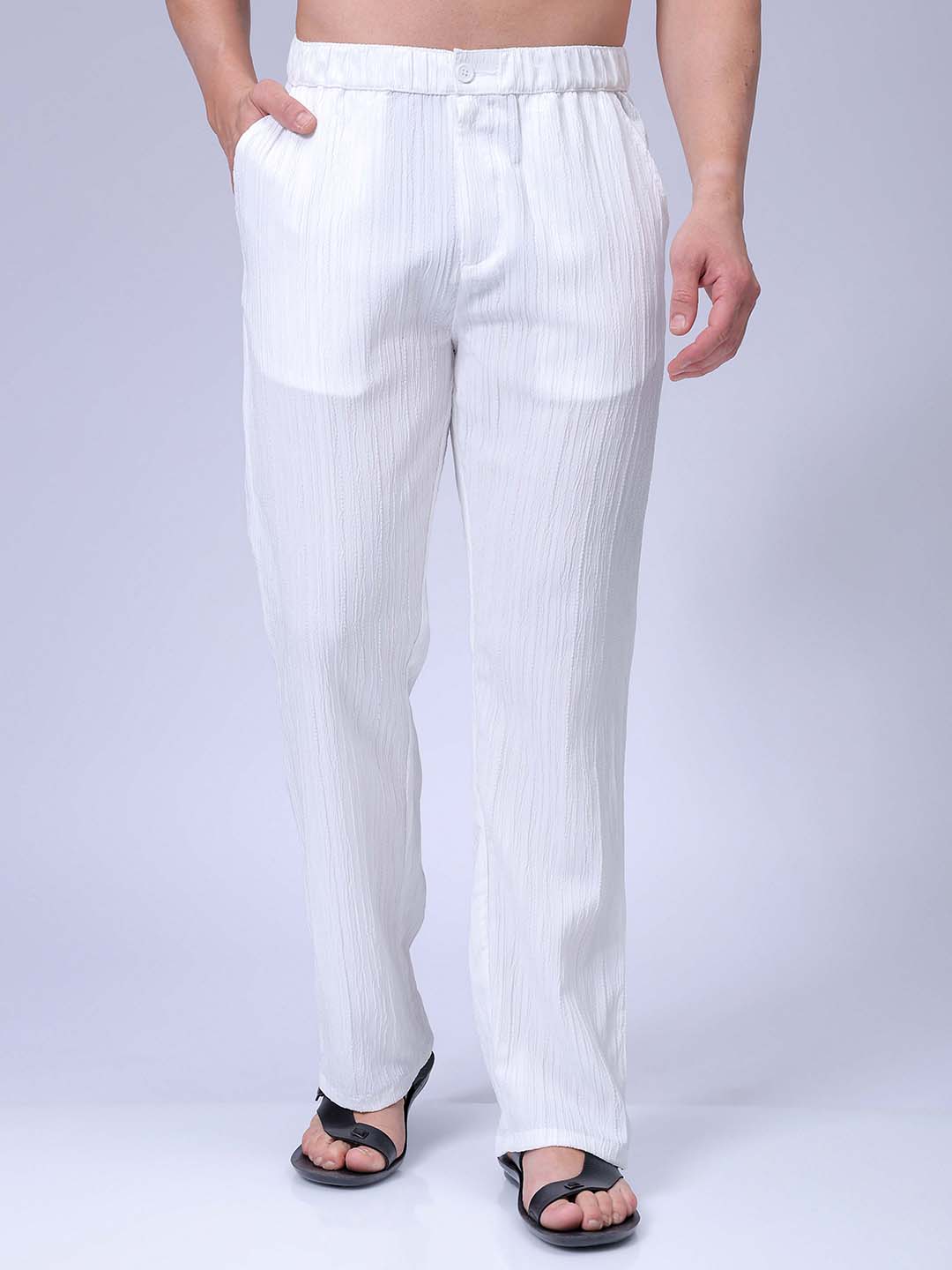 Men's White Loose Fit Resort Wear Trousers - Main Image