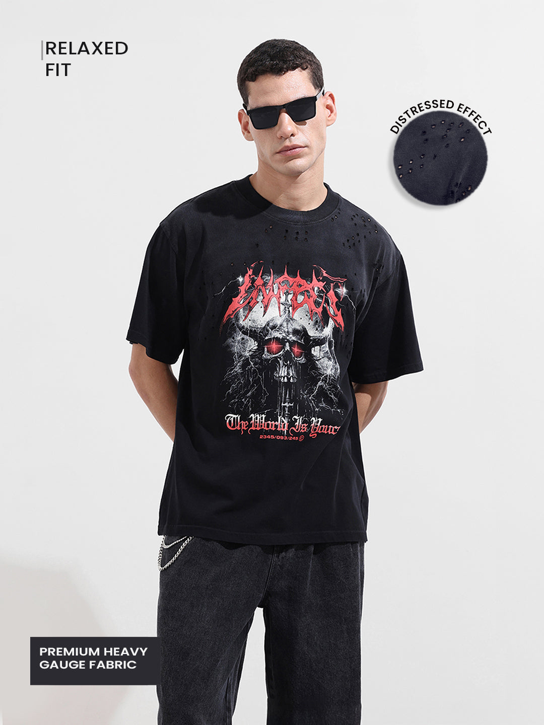 Men's Black Relaxed Fit Graphic Printed 240 GSM Street Wear T-Shirt