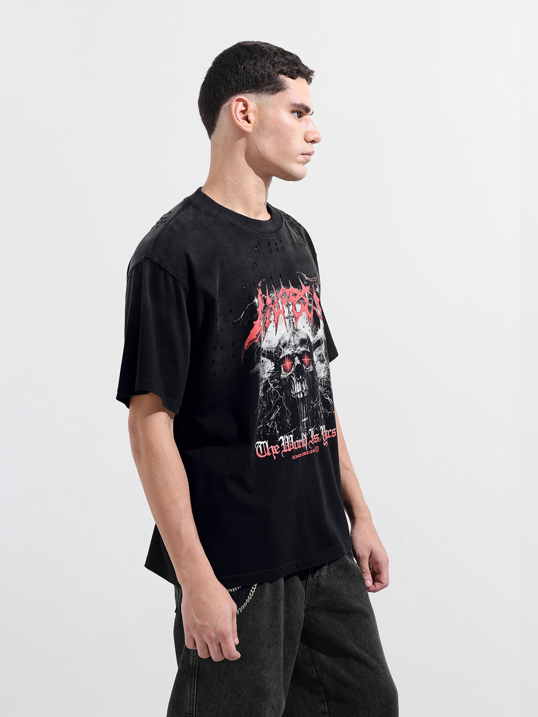 Men's Black Relaxed Fit Graphic Printed 240 GSM Street Wear T-Shirt