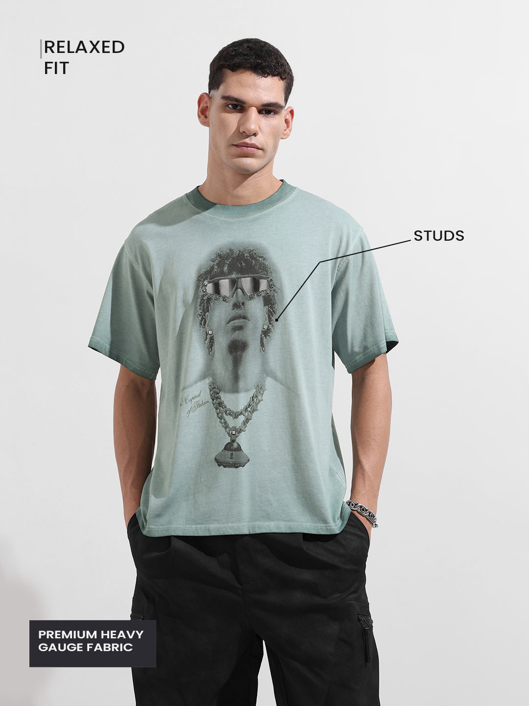 Men's Green Relaxed Fit Graphic Printed 240 GSM Street Wear T-Shirt