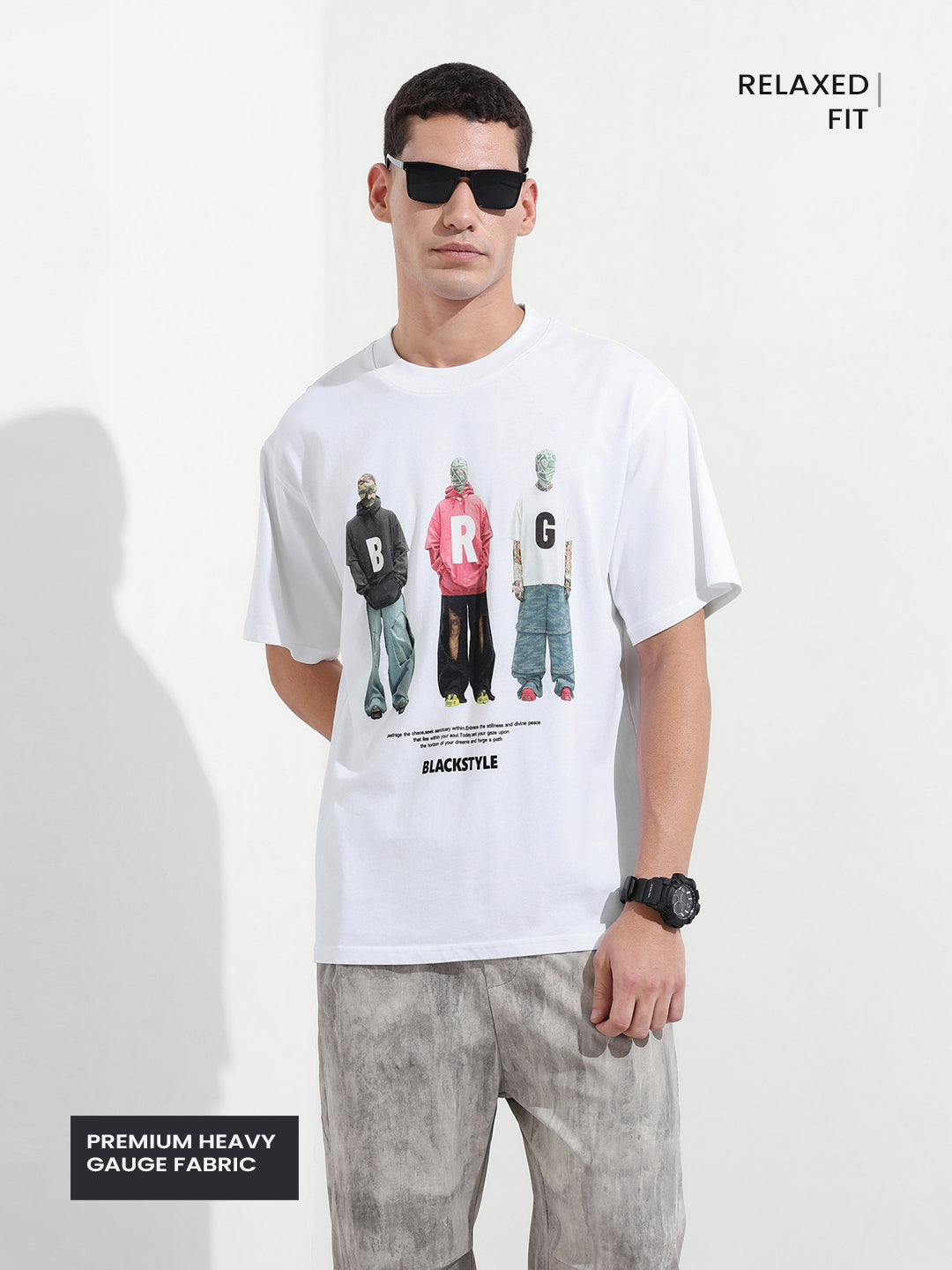 Men's White Relaxed Fit Graphic Printed 240 GSM Street Wear T-Shirt