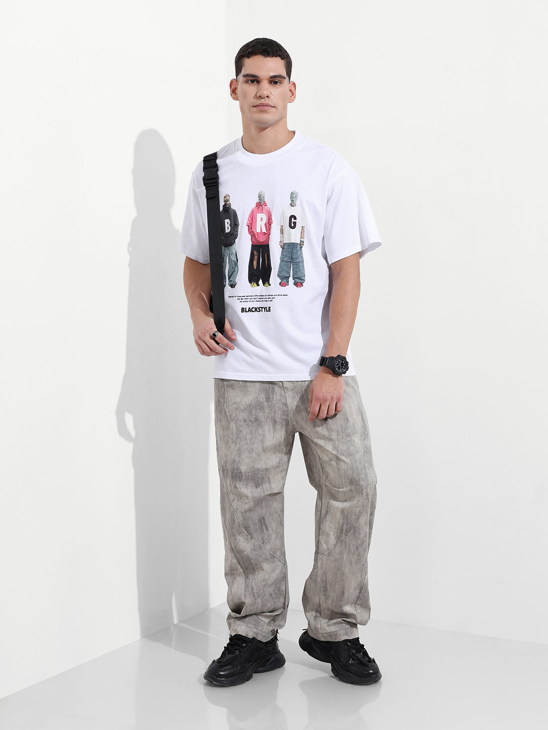 Men's White Relaxed Fit Graphic Printed 240 GSM Street Wear T-Shirt