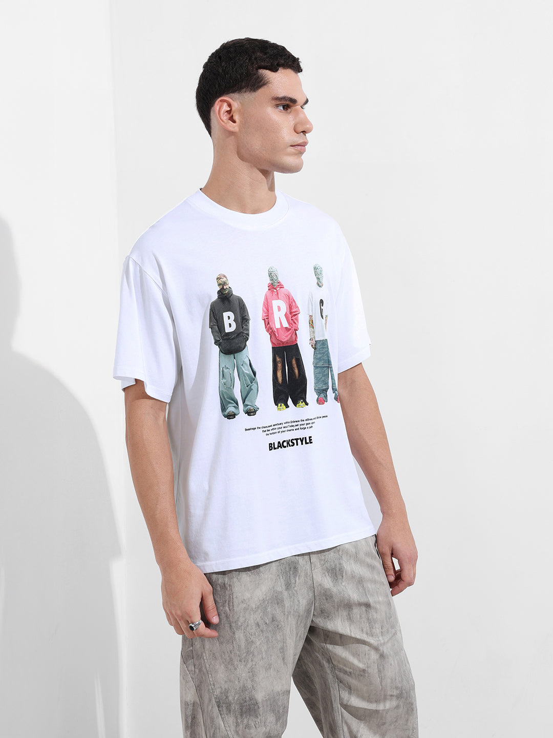 Men's White Relaxed Fit Graphic Printed 240 GSM Street Wear T-Shirt