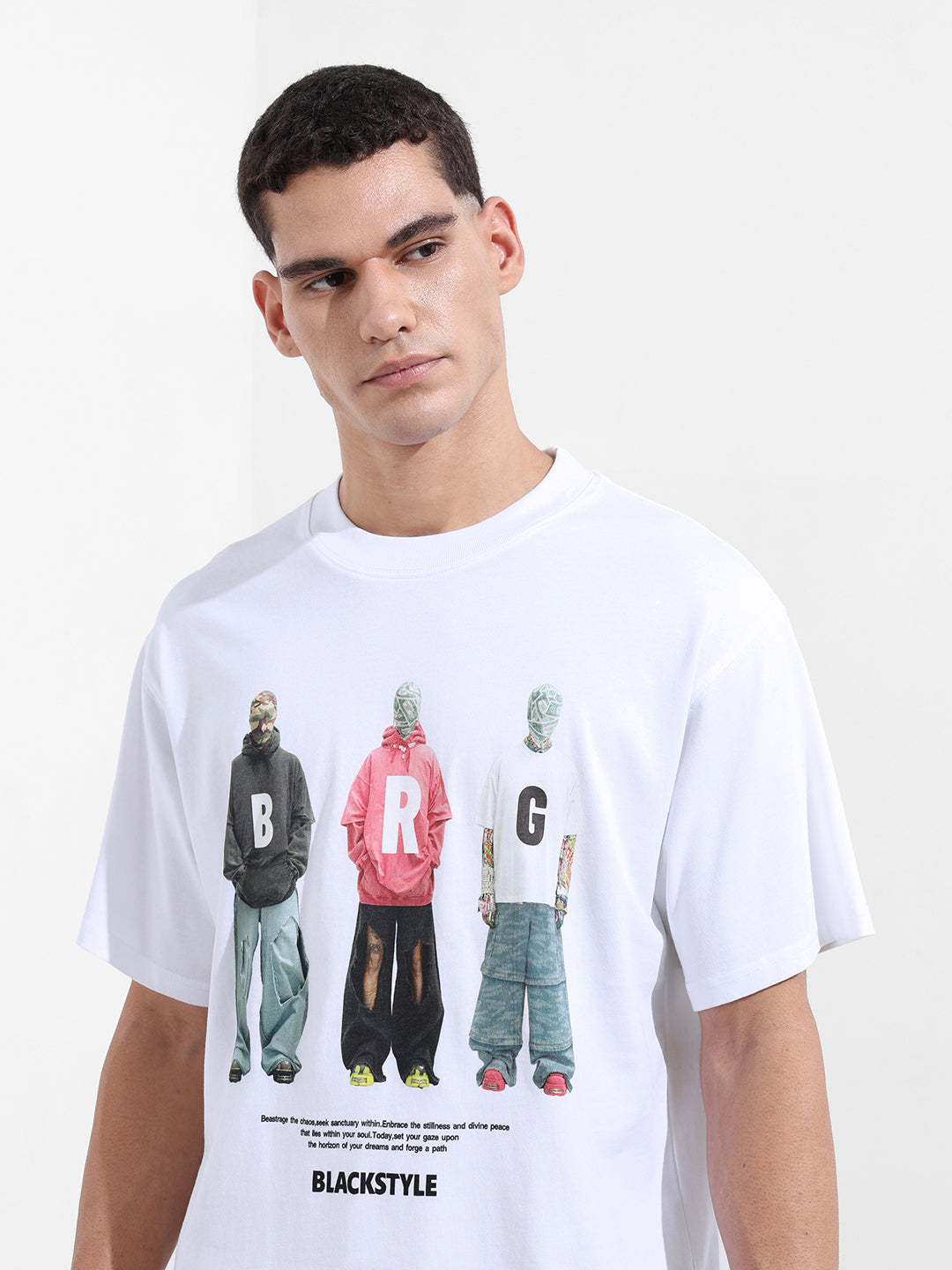 Men's White Relaxed Fit Graphic Printed 240 GSM Street Wear T-Shirt
