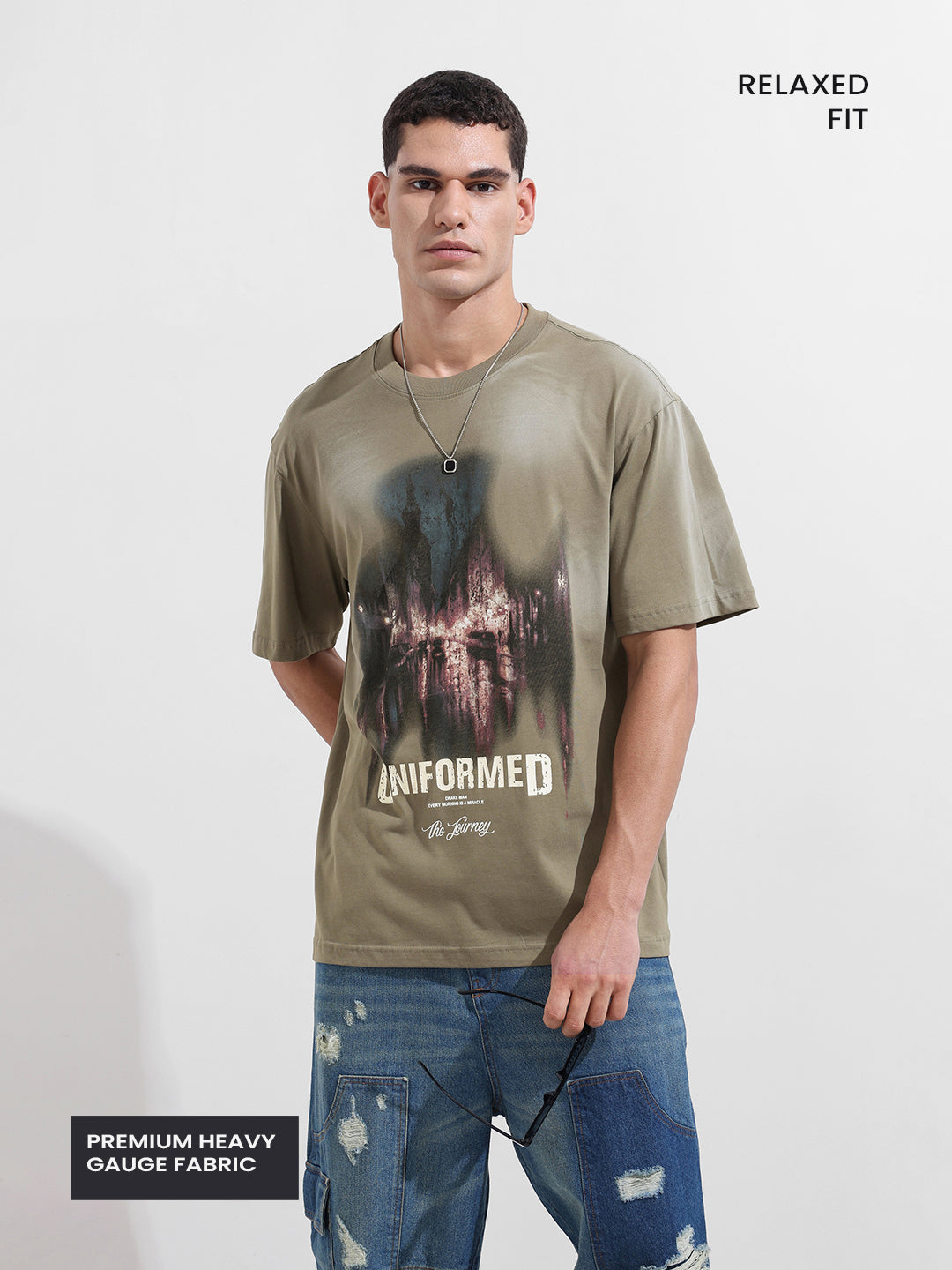 Men's Green Relaxed Fit Graphic Printed 240 GSM Street Wear T-Shirt