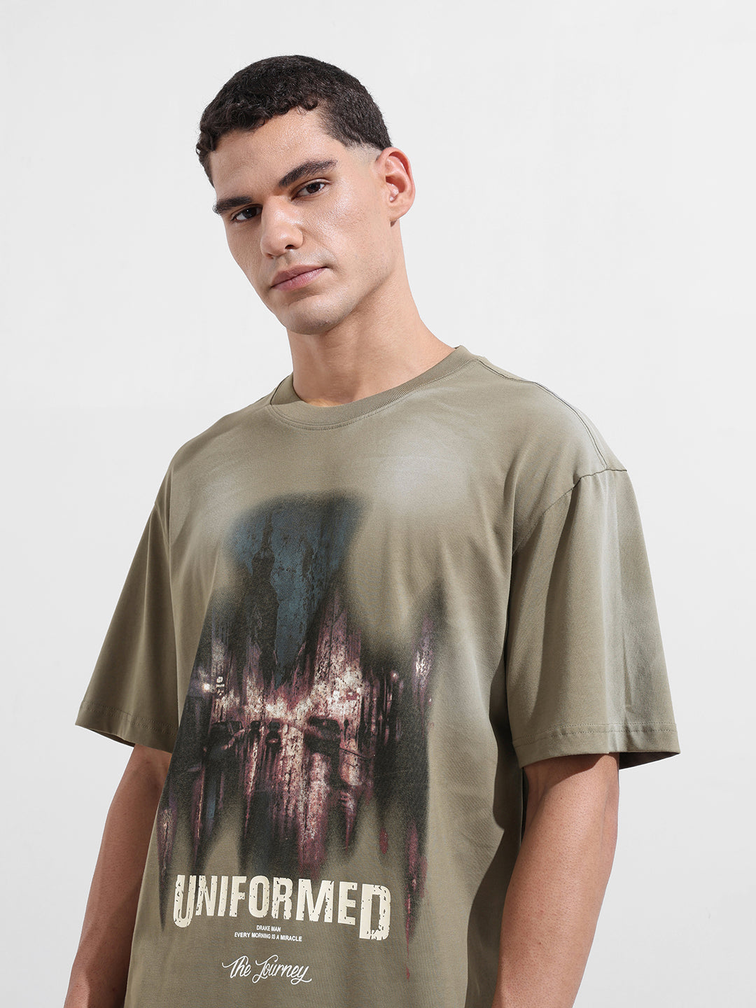 Men's Green Relaxed Fit Graphic Printed 240 GSM Street Wear T-Shirt