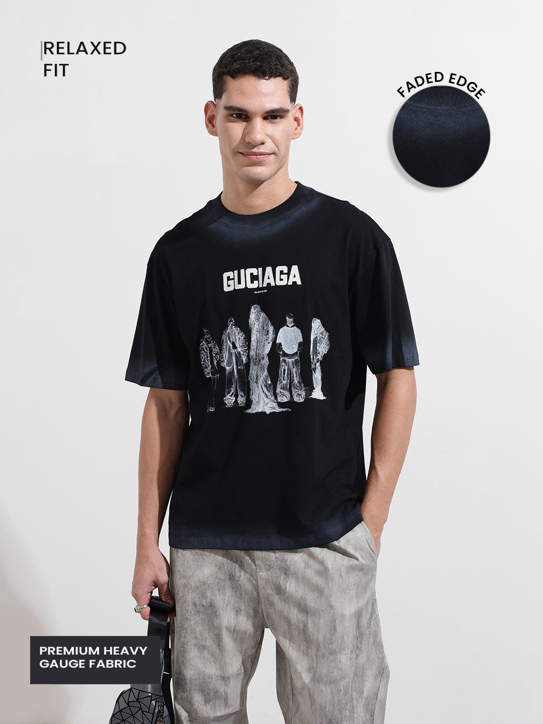 Men's Black Relaxed Fit Graphic Printed 240 GSM Street Wear T-Shirt
