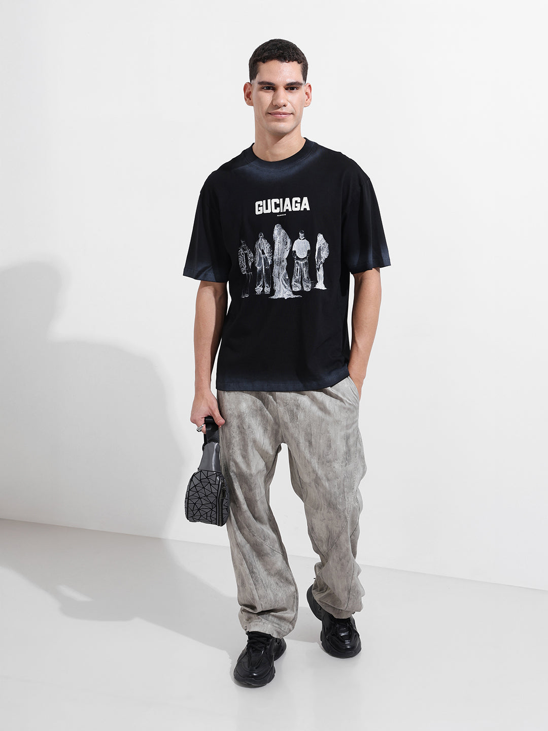 Men's Black Relaxed Fit Graphic Printed 240 GSM Street Wear T-Shirt