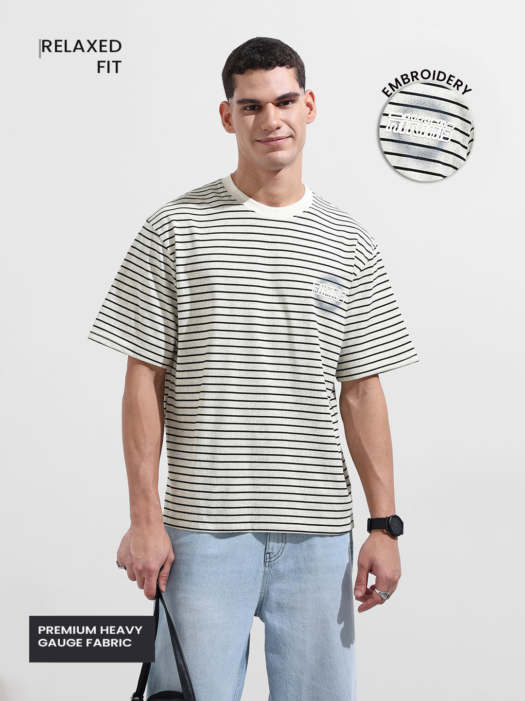 Men's Grey Relaxed Fit Striped 240 GSM Street Wear T-Shirt