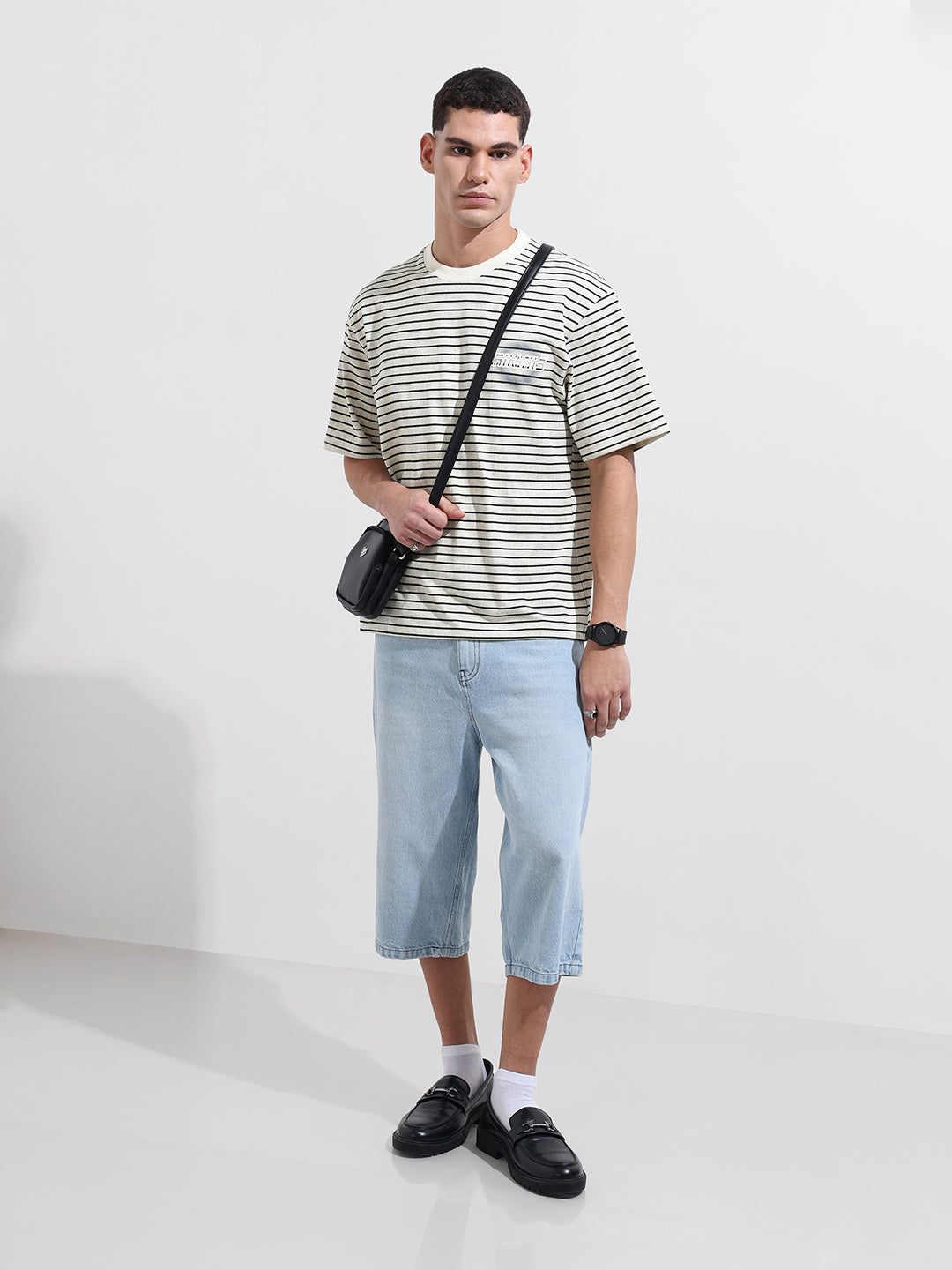 Men's Grey Relaxed Fit Striped 240 GSM Street Wear T-Shirt