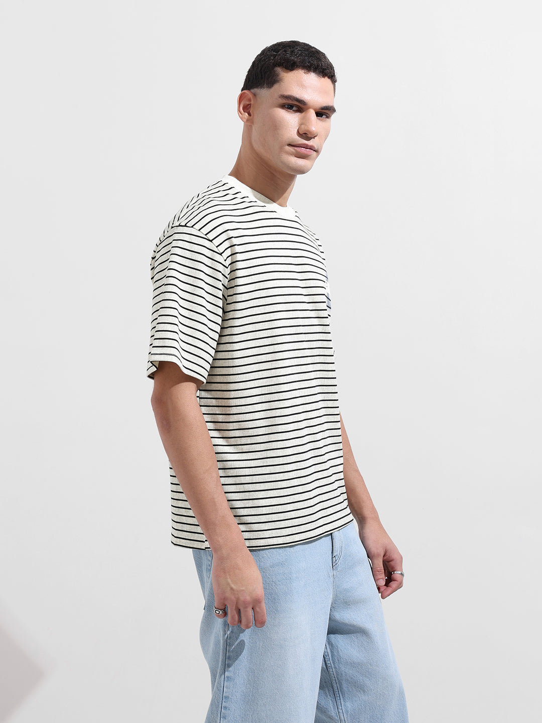 Men's Grey Relaxed Fit Striped 240 GSM Street Wear T-Shirt